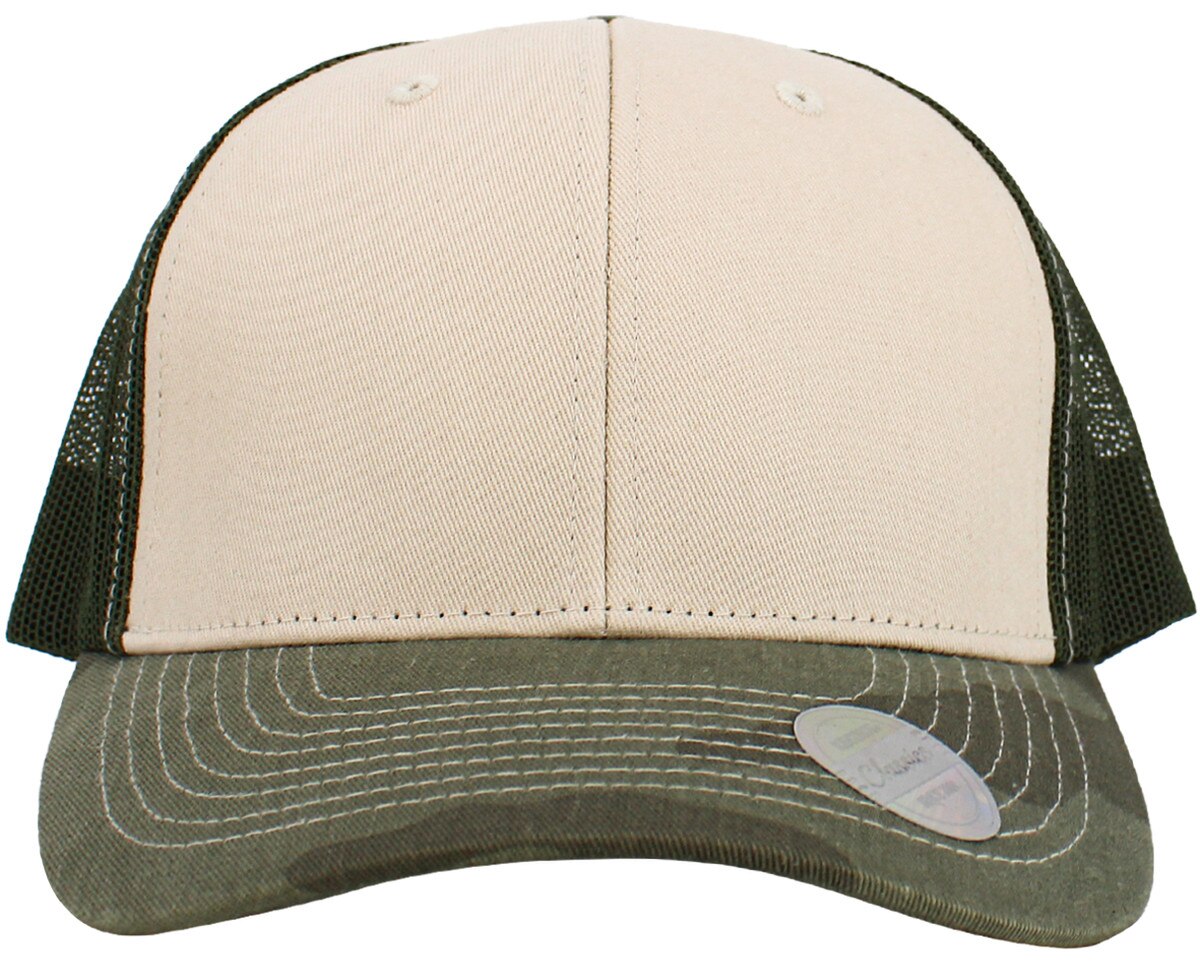 Stone Camouflage Olive Classic 6 Panel Trucker Mesh Snapback Front View